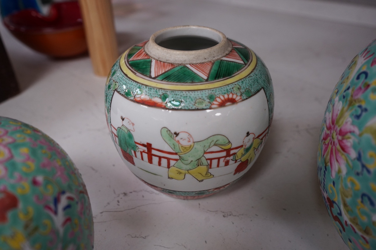 Six early 20th century Chinese enamelled porcelain jars, two with covers, largest 16cm high. Condition - fair, some cracks